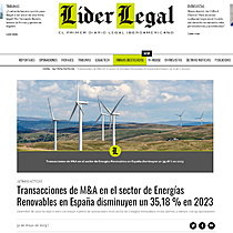 Transacciones de M&A en el sector de Energas Renovables en Espaa disminuyen un 35,18 % en 2023